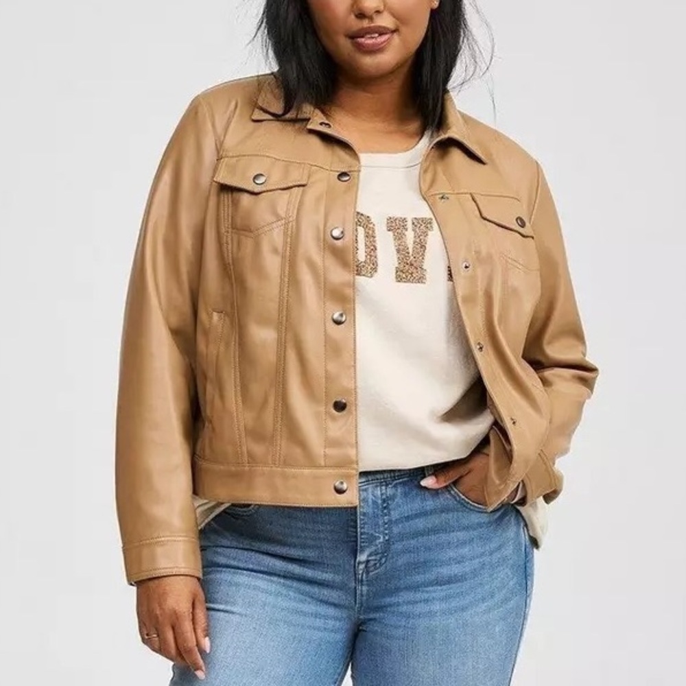 TORRID | NWT Faux Leather Trucker Jacket in Camel Sz 10 / 00 / M / L